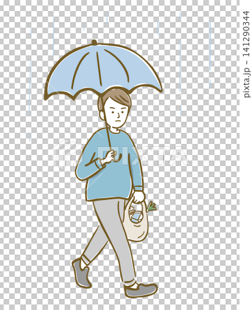 A man walking in the rain, holding an umbrella and shopping bags. A man walking in the rain, holding an umbrella and shopping bags. 141290344