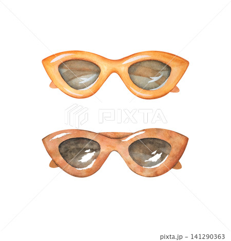A set of watercolor women's sunglasses. A summer accessory for sun protection at the beach, on vacation, or on holiday. These stylish, retro-style brown and orange sunglasses are hand painted. A set of watercolor women's sunglasses. A summer accessory for sun protection at the beach, on vacation, or on holiday. These stylish, retro-style brown and orange sunglasses are hand painted. 141290363