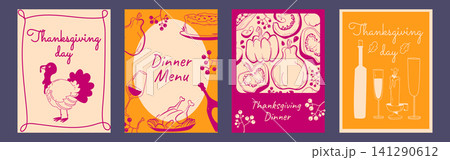 Thanksgiving dinner posters set with doodle food Thanksgiving dinner posters set with doodle food 141290612