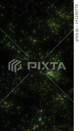 Green glowing particles scattered across a dark background, creating a cosmic starfield, magical dust, or digital data atmosphere. 141290779