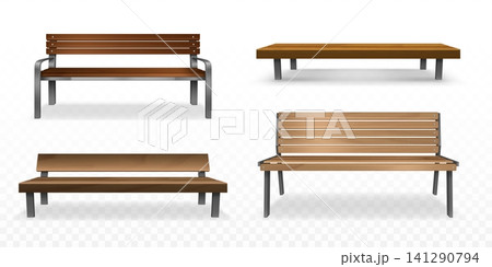 Wooden park benches with backrest, 3d realistic 141290794