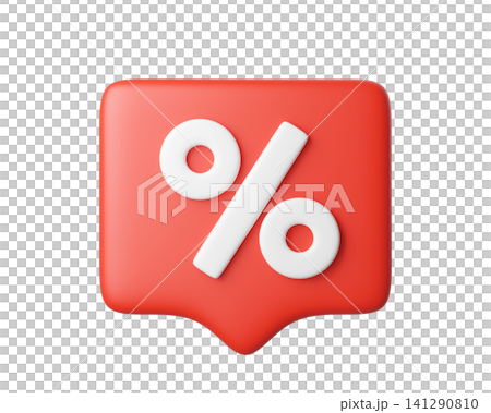 3D red chat bubble icon with a white percent symbol, isolated on background. Modern discount or special offer badge, ideal for ecommerce, sales promotion, price reduction, or marketing. 3d render 3D red chat bubble icon with a white percent symbol, isolated on background. Modern discount or special offer badge, ideal for ecommerce, sales promotion, price reduction, or marketing. 3d render 141290810