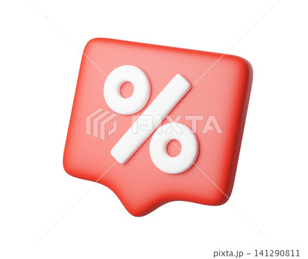3D red chat bubble icon with a white percent symbol, isolated on background. Modern discount or special offer badge, ideal for ecommerce, sales promotion, price reduction, or marketing. 3d render 141290811