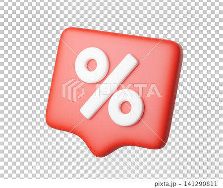3D red chat bubble icon with a white percent symbol, isolated on background. Modern discount or special offer badge, ideal for ecommerce, sales promotion, price reduction, or marketing. 3d render 141290811