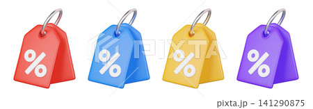 Set of 3D colored price tags with white percent symbol, isolated on background. Modern yellow, red, blue and purple discount labels for sale, special offer, price reduction, marketing, and promotions. Set of 3D colored price tags with white percent symbol, isolated on background. Modern yellow, red, blue and purple discount labels for sale, special offer, price reduction, marketing, and promotions. 141290875