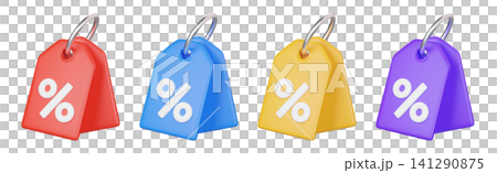 Set of 3D colored price tags with white percent symbol, isolated on background. Modern yellow, red, blue and purple discount labels for sale, special offer, price reduction, marketing, and promotions. Set of 3D colored price tags with white percent symbol, isolated on background. Modern yellow, red, blue and purple discount labels for sale, special offer, price reduction, marketing, and promotions. 141290875
