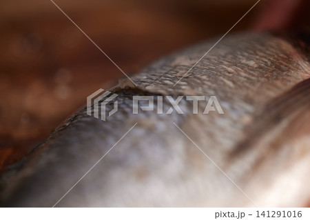 Macro detail of fresh fish scales showing natural texture and skin patterns. Preparing seafood for cooking 141291016