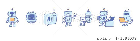 AI robot doodle set. It includes agentic ai, automation, technology, artificial intelligence, and assistance vector illustrations. AI robot doodle set. It includes agentic ai, automation, technology, artificial intelligence, and assistance vector illustrations. 141291038