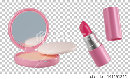 3d Cosmetic set with Pink Compact Powder, makeup sponge, and opened pink lipstick with cap. Beauty products isolated on background. Ideal for cosmetics, beauty, fashion. 3d render 3d Cosmetic set with Pink Compact Powder, makeup sponge, and opened pink lipstick with cap. Beauty products isolated on background. Ideal for cosmetics, beauty, fashion. 3d render 141291253