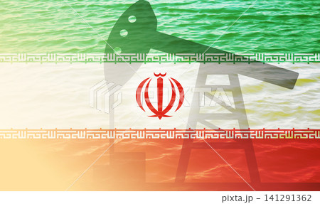 Conceptual image of an oil pump jack silhouette overlaid on the flag of Iran and a water background, representing energy industry and oil exports 141291362