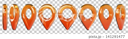 Glossy orange 3D map location pin icons in different views. Transparent glass or plastic navigation markers isolated on background for GPS, map, travel and UI design. 3d render. Glossy orange 3D map location pin icons in different views. Transparent glass or plastic navigation markers isolated on background for GPS, map, travel and UI design. 3d render. 141291477