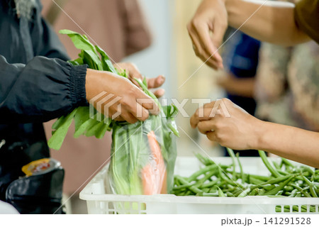 Closeup of hands selecting fresh green round eggplants from a red plastic crate at a local market Closeup of hands selecting fresh green round eggplants from a red plastic crate at a local market 141291528