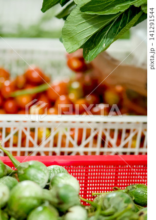 Closeup of a persons hand resting on a plastic crate filled with fresh, raw carrots in a market or farm setting	 141291544