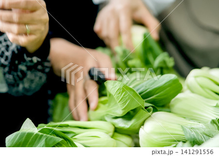 Closeup of hands holding fresh green leafy vegetables and small red tomatoes during a food distribution or market activity Closeup of hands holding fresh green leafy vegetables and small red tomatoes during a food distribution or market activity 141291556