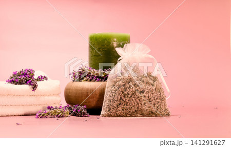Lavender Sachet, Candle, Spa Setup Lavender Sachet, Candle, Spa Setup 141291627