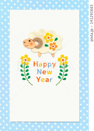 かわいい羊と花のアップリケ年賀状(ライトブルー)2027年 賀詞入り かわいい羊と花のアップリケ年賀状(ライトブルー)2027年 賀詞入り 141291683
