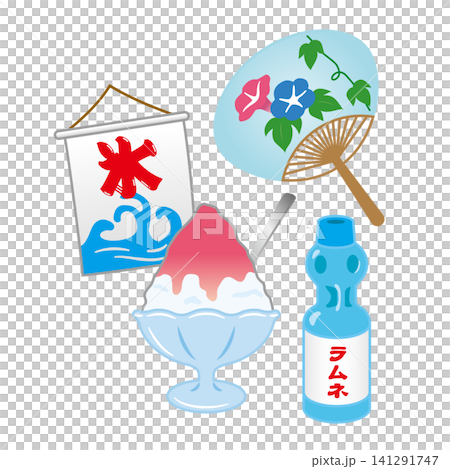 かき氷とラムネと団扇　イラスト 141291747