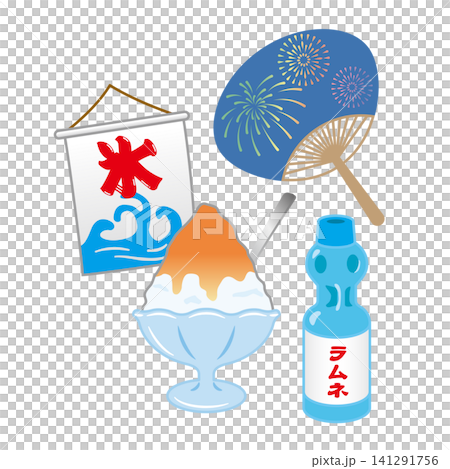 かき氷とラムネと団扇　イラスト 141291756