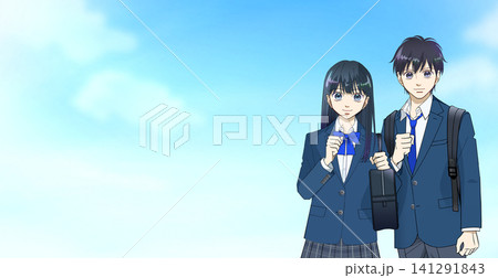 広がる青空、前向きな表情の学生たちのアニメ風イラスト、左にスペース 141291843