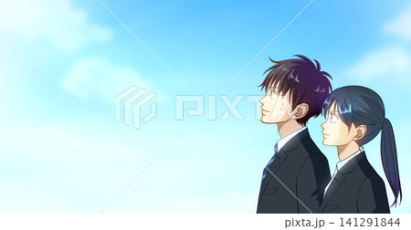 広がる青空、学生または社会人の男女のアニメ風イラスト、左にスペース 141291844
