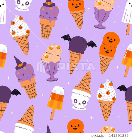 Seamless pattern with Halloween-themed ice cream. Vector graphics. Seamless pattern with Halloween-themed ice cream. Vector graphics. 141291885