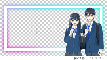 Anime-style illustration of smiling high school or junior high school students with backpacks and school bags, white background Anime-style illustration of smiling high school or junior high school students with backpacks and school bags, white background 141291995