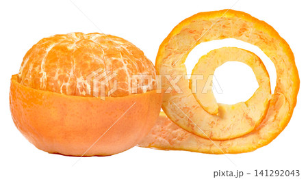 Peeled ripe tangerine orange fruit sitting in a half skin with a spiral peel next to it Isolated. Clean food photography of fresh organic citrus and fruit skin. 141292043