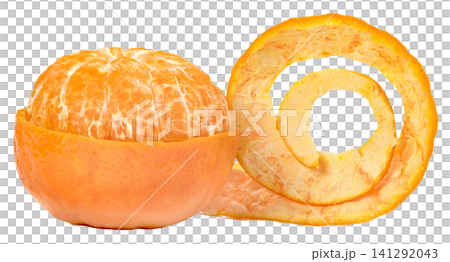 Peeled ripe tangerine orange fruit sitting in a half skin with a spiral peel next to it Isolated. Clean food photography of fresh organic citrus and fruit skin. 141292043