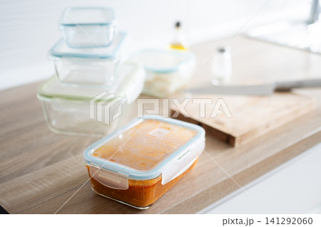 Glass meal prep containers with prepared food Glass meal prep containers with prepared food 141292060