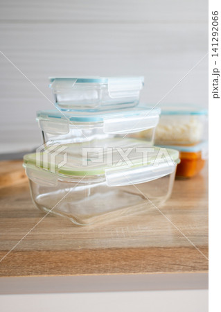 Stack of empty glass food storage containers Stack of empty glass food storage containers 141292066
