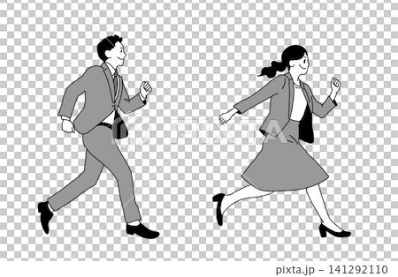 走るビジネスマンとビジネスウーマンのシンプルでおしゃれな線画イラスト 走るビジネスマンとビジネスウーマンのシンプルでおしゃれな線画イラスト 141292110