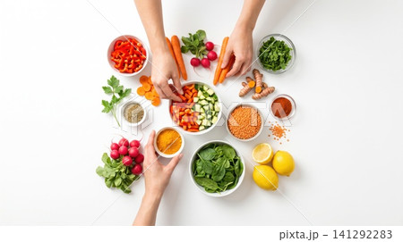 Fresh healthy food preparation overhead view with assorted chopped vegetables and spices plant based vegetables preparation ingredients nutrition vegetarian overhead background colorful 141292283