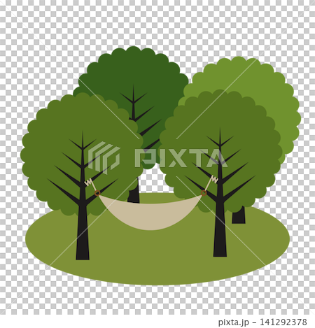 戶外插畫,描繪了在森林吊床上放鬆的場景。 戶外插畫,描繪了在森林吊床上放鬆的場景。 141292378