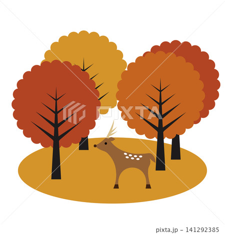 紅葉の森と鹿 秋の自然を描いたフラットイラスト 紅葉の森と鹿 秋の自然を描いたフラットイラスト 141292385