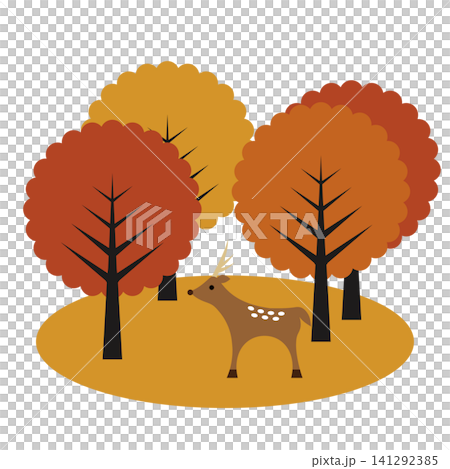紅葉の森と鹿 秋の自然を描いたフラットイラスト 紅葉の森と鹿 秋の自然を描いたフラットイラスト 141292385