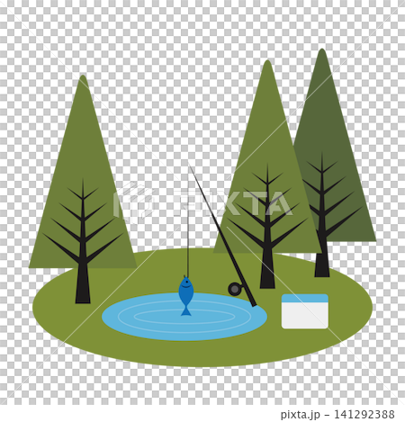 A flat illustration of a fishing rod enjoying fishing in a forest pond. A flat illustration of a fishing rod enjoying fishing in a forest pond. 141292388