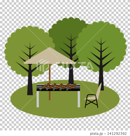 森で楽しむバーベキュー BBQのフラットイラスト 森で楽しむバーベキュー BBQのフラットイラスト 141292392