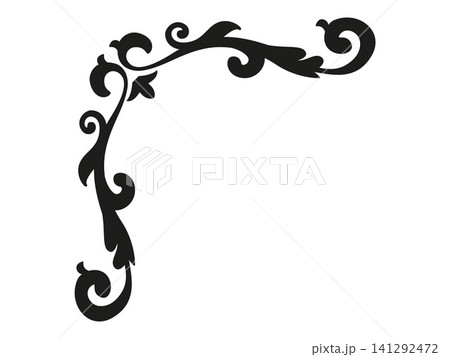 Retro elegant baroque corner flourish vector ornament with swirling leaves and scrollwork. Vintage black silhouette isolated for frames, borders, invitations, wedding cards, certificates.	 141292472
