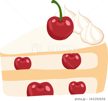 Cherry Cake Slice with Whipped Cream and Red Cherries 141292638