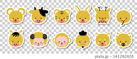 Cute illustration set of the faces of the twelve zodiac animals, with white borders and shadows. 141292920