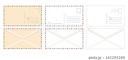 Set of Vintage Empty back of a postcard and envelope with postage stamps for travel. Vector template design Set of Vintage Empty back of a postcard and envelope with postage stamps for travel. Vector template design 141293169