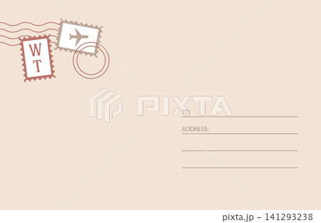 Empty back of minimalistic postcard with place postage stamp for travel. Vector template postcard design	 141293238