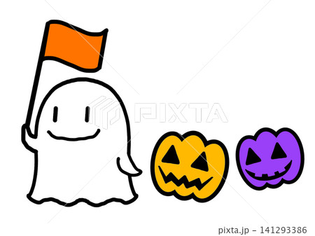 ハロウィンの可愛いオバケがジャック・オー・ランタンたちを案内しているハロウィンツアーのイラスト素材 ハロウィンの可愛いオバケがジャック・オー・ランタンたちを案内しているハロウィンツアーのイラスト素材 141293386