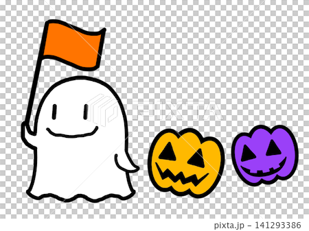 ハロウィンの可愛いオバケがジャック・オー・ランタンたちを案内しているハロウィンツアーのイラスト素材 ハロウィンの可愛いオバケがジャック・オー・ランタンたちを案内しているハロウィンツアーのイラスト素材 141293386