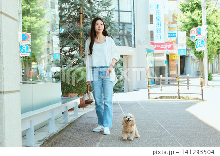 愛犬と散歩する女性と街並み 愛犬と散歩する女性と街並み 141293504