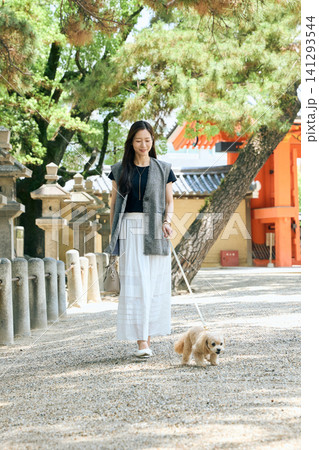 神社の境内で愛犬と散歩する若い女性 神社の境内で愛犬と散歩する若い女性 141293544