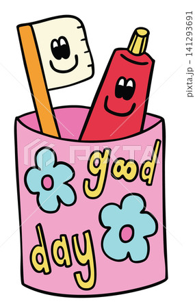 Hand drawn toothbrush and toothpaste in pink cup cartoon for office workers, house, interior, toiletry, bathroom vanity, bathroom, lifestyle, morning routine, washroom, meal, eating, cleaning Hand drawn toothbrush and toothpaste in pink cup cartoon for office workers, house, interior, toiletry, bathroom vanity, bathroom, lifestyle, morning routine, washroom, meal, eating, cleaning 141293691