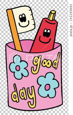 Hand drawn toothbrush and toothpaste in pink cup cartoon for office workers, house, interior, toiletry, bathroom vanity, bathroom, lifestyle, morning routine, washroom, meal, eating, cleaning Hand drawn toothbrush and toothpaste in pink cup cartoon for office workers, house, interior, toiletry, bathroom vanity, bathroom, lifestyle, morning routine, washroom, meal, eating, cleaning 141293691