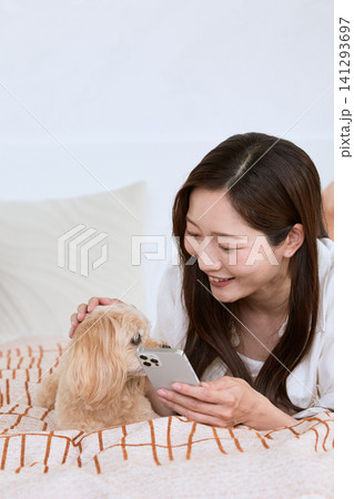 ソファでスマートフォンを見ながら愛犬を撫でる笑顔の若い女性 141293697
