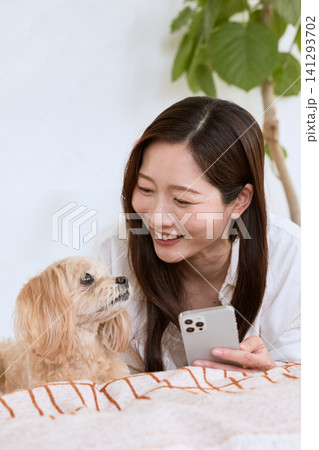 ソファでスマートフォンを見ながら愛犬と寛ぐ笑顔の若い女性 ソファでスマートフォンを見ながら愛犬と寛ぐ笑顔の若い女性 141293702